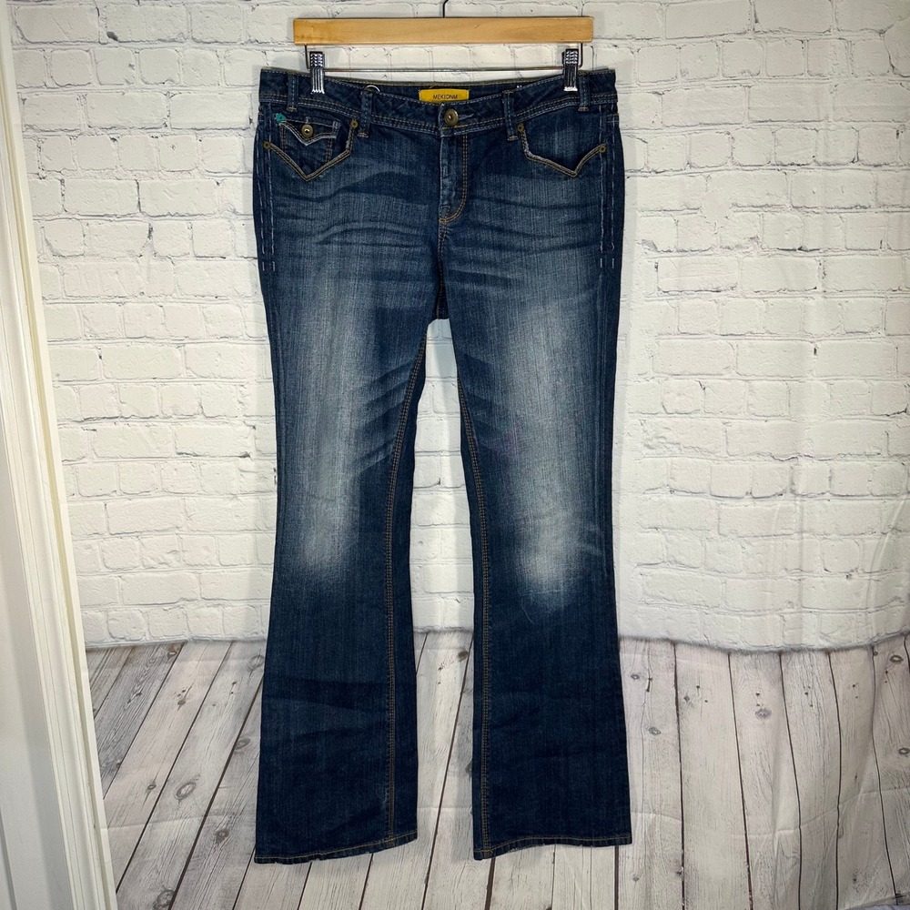 MEK Denim Naxos Bootcut Jeans Womens 33 Dark Wash Whiskered Low Rise Y2K